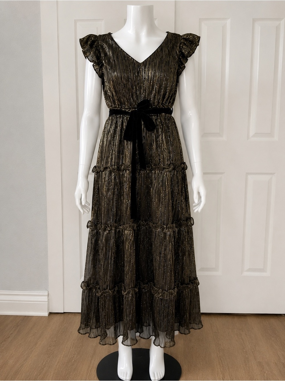 Girls' Shimmery Black & Gold Tiered Maxi Dress with Velvet Bow